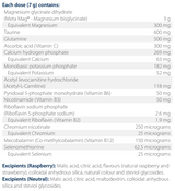 Text listing the ingredients including, Magnesium glycinate, Meta mag, Taurine, Glutamine, Ascorbic acid, vitamin c, Calcium hydrogen phosphate, monobasic potassium, Acetly levocarnitine, Acetyl l carnitine, pyridoxal 5-phosphate, vitamin b6, nicotinamide, vitamin b3, riobflavin sodium, vitamin b2, Chromium nicotinate, Mecobalamin, vitamin b12, selenomethionine