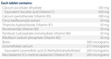 Text listing the ingredients including Calcium ascorbate dihydrate, Asorbic Acid, vtiamin c, Cacium Pantothenate, Vitamin b5, Citrus bioflavonoids, Thiamine hydrochloride, vitamin b1, Nicotinamide, vitamin b3, Pyridoxal 5 phosphate monohydrate, vitamin b6, Riboflavin sodium phosphate, vitamin b2, Biotin, Levomefolate calcium, Levomefolic acid, 5-methyltetrahydrofolate, Mecobalamin, vitamin b12, Co-methylcobalamin