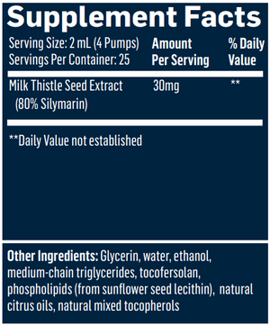 Supplement facts for Milk Thistle Nanoemulsified listing ingredients including Milk thistle