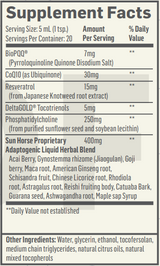 Text listing the ingredients including BioPQQ, Pyrroloquinoline Quinone Disodium Salt, CoQ10, Ubiquinone, Resveratrol, Japanese knotweed, DeltaGOLD Tocotrienols, Phosphatidylcholine, Acai Berry, Gynostemma rhizome, Jiaogulan, Goji berry, Maca root, American Ginseng, Schisandra fruit, Chinese Licorice, Rhodiola, Astragalus, Reishi, Catuaba Bark, Guarana, Ashwagandha, Maple sap