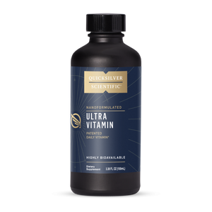 A supplement bottle called Ultra Vitamin by Quick SIlver.