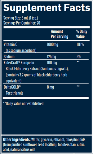 Supplement facts for Vitamin C+ Elderberry™ - liposomal listing ingredients including Deltagold Tocotrienols Vitamin E, Elderberry, Gamma tocotrienols, Palm Tocotrienols Complex, Tocopherols mixed