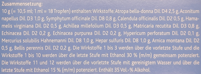 Supplement facts for Traumeel Drops listing ingredients including Arnica montana, Bellis Perennis, Calendula Extract, Comfrey (Symphytum Officinale), Echinacea Angustifolia