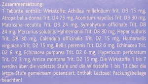 Supplement facts for Traumeel S Tablets 250 listing ingredients including Aconite, Arnica montana, Belladonna, Bellis Perennis, Calendula Extract