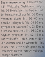 Supplement facts for Hepeel Tablets 50 listing ingredients including Celandine, Milk thistle (Silybum marianum), Myristica fragrans, Phosphorus, Veratrum Viride