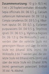 Supplement facts for Hormeel S Drops 30mL listing ingredients including Calcium, Cramp Bark, Myristica fragrans, Sepia (Sepia officinalis)