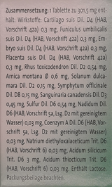 Supplement facts for Zeel Tablets 50 listing ingredients including Arnica montana, Bloodroot (Sanguinaria canadensis), Comfrey (Symphytum Officinale), Poison Ivy (Rhus Toxicodendron), Sulfur