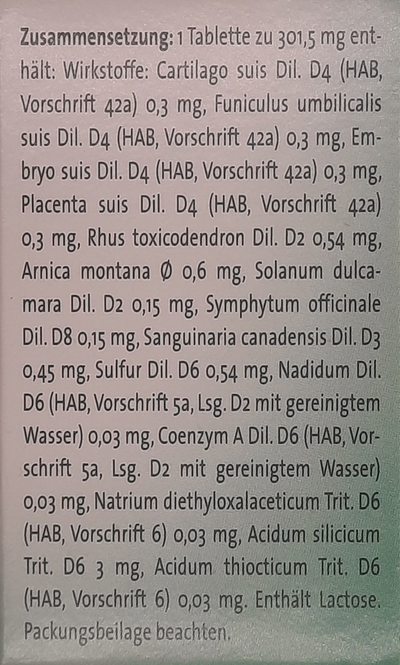 Supplement facts for Zeel Tablets 50 listing ingredients including Arnica montana, Bloodroot (Sanguinaria canadensis), Comfrey (Symphytum Officinale), Poison Ivy (Rhus Toxicodendron), Sulfur