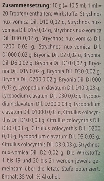 Supplement facts for Nux Vomica Homaccord Drops listing ingredients including Nux vomica, White Bryony