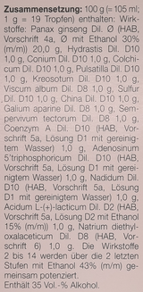 Supplement facts for Ginseng Compositum Drops 30mL listing ingredients including Ethanol, Galium Aparine, Korean Ginseng (Panax ginseng), Kreosote, Sulfur