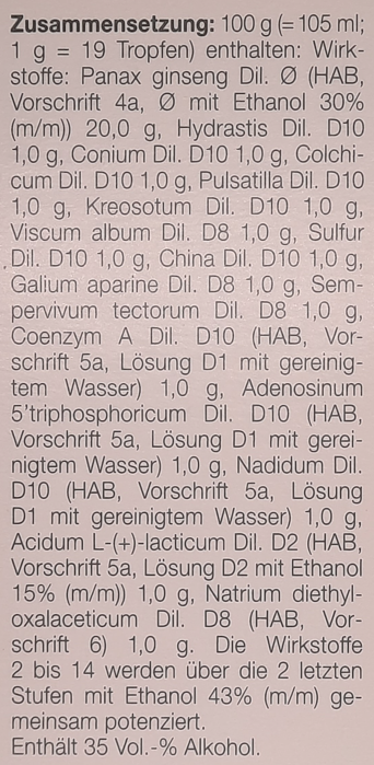 Supplement facts for Ginseng Compositum Drops 30mL listing ingredients including Ethanol, Galium Aparine, Korean Ginseng (Panax ginseng), Kreosote, Sulfur