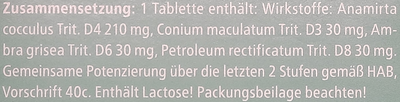 Supplement facts for Vertigoheel Tablets 100