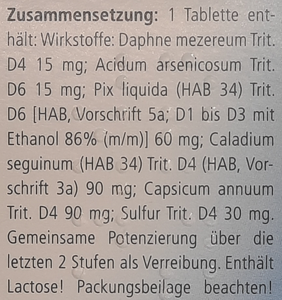 Supplement facts for Sulfor Heel Tablets 50 listing ingredients including Capsicum annum, Sulfur