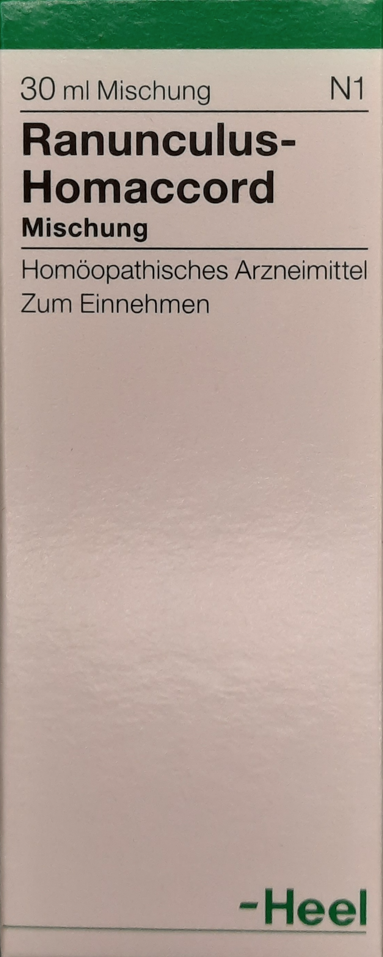A supplement container of Ranunculus Homaccord Drops 30mL by Heel