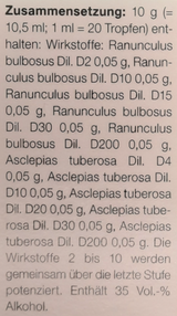 Supplement facts for Ranunculus Homaccord Drops 30mL listing ingredients including Cetyl Alcohol