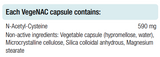 Supplement facts for VegeNAC Capsules listing ingredients including Alpha Lipoic Acid, Cellulose (vegetarian capsule), Cysteine, Magnesium stearate, Microcrystalline cellulose silicified