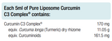 Supplement facts for Pure Liposome Curcumin C3 Complex 100ml listing ingredients including Curcuma Longa, Curcumin, Curcuminoid Powder, Turmeric (Curcuma longa)