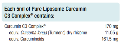 Supplement facts for Pure Liposome Curcumin C3 Complex 100ml listing ingredients including Curcuma Longa, Curcumin, Curcuminoid Powder, Turmeric (Curcuma longa)