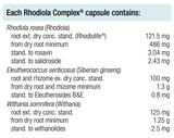 Supplement facts for Rhodiola Complex 60 Capsules listing ingredients including Ashwagandha (Withania somnifera), Eleutherococcus Senitcosus, Rhodiola (Rhodiola rosea), Siberian ginseng, Siberian ginseng (Eleutherococcus senticosus)