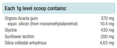 Supplement facts for Silicium 60g Powder listing ingredients including Acacia, Colloidal silicon dioxide, Glycine, Silicon dioxide, Sunflower lecithin