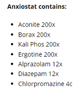 Supplement facts for Anxiostat Spray 20ml listing ingredients including Borax, Kali phos