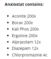 Supplement facts for Anxiostat Spray 20ml listing ingredients including Borax, Kali phos
