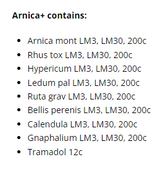 Supplement facts for Arnica + Spray 20ml listing ingredients including Arnica montana, Calendula Extract, Hypericum, Ruta Graveolens, St. John's wort