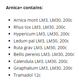 Supplement facts for Arnica + Spray 20ml listing ingredients including Arnica montana, Calendula Extract, Hypericum, Ruta Graveolens, St. John's wort