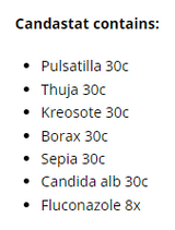 Supplement facts for Candastat Spray 20ml listing ingredients including Borax, Pasqueflower (Pulsatilla pratensis), Sepia (Sepia officinalis)