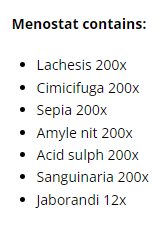 Supplement facts for Menostat Spray 20ml listing ingredients including Bloodroot (Sanguinaria canadensis), Cimicifuga Racemosa, Jaborandi, Sepia (Sepia officinalis)