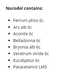Supplement facts for Nurodol Spray 20ml listing ingredients including Eucalyptus Oil