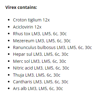 Supplement facts for Virex Spray 20ml listing ingredients including Arsenicum Album, Cantharis, Daphne Mezereum, Hepar Sulphuris Calcareum, Mercurius Solubilis