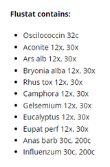 Supplement facts for Flustat Spray 20ml listing ingredients including Boneset, Cinnamomum camphora, Eucalyptus Oil, White Bryony