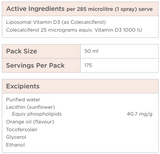 Supplement facts for Liposomal D3 50ml listing ingredients including Cholecalciferol, Ethanol, Lecithin, Orange oil, Phospholipids