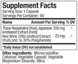 Supplement facts for Resveratrol listing ingredients including Grape (Vitis vinifera), Japanese Knotweed Extract, Resveratrol trans-form