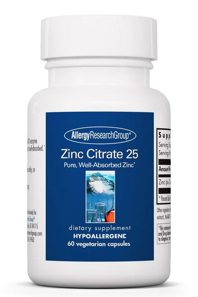 An image of a supplement with the name Zinc Citrate 25mg
