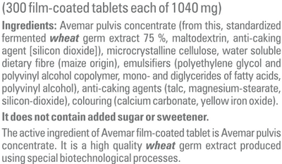 Supplement facts for Avemar Tablets listing ingredients including Wheat germ