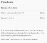 Text listing the ingredients including Choline Bitartrate, VItacholine.