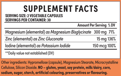 Supplement facts for All Systems Glow listing ingredients including Magnesium bisglycinate, Potassium iodide, Zinc gluconate