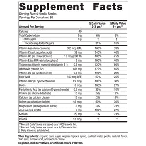 Text describing the ingredients: Vitamin A,C,D3,E, Thiamin, Riboflavin, Vitamin B6, Folic Acid, Vitamin B12, Biotin, Pantothenic Acid, Choline, Calcium, Iodine, Magnesium, Zinc, Sodium, Inositol. 