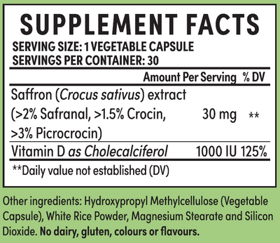 Supplement facts for Brighter Mood listing ingredients including Affron, Cholecalciferol, Crocus sativus, Crocus sativus stigmas, Saffron (Crocus sativus)