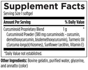 Text describing the ingredients: Curuminoid Proprietary Blend: Curcuminoid powder (380 mg curcuminoids - curcumin, demethoxycurcumin, bisdemethoxycurcumin), Turmeric Oil (Curcuma longa) (rhizomes), Sunflower Lecithin, Vitamin E)