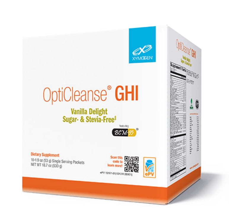 A supplement container of OptiCleanse® GHI Vanilla Delight Sugar- & Stevia-Free 10 Servings by Xymogen