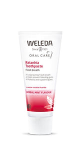 A supplement container of Ratanhia Toothpaste by Weleda