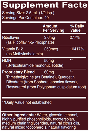 Supplement facts for NAD + Platinum listing ingredients including Betaine HCI, Japanese Knotweed, Japanese pagoda tree (Sophora japonica), NMN, Nicotinamide Mononucleotide