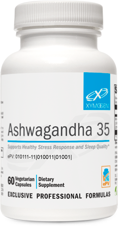 A supplement container of Ashwagandha 35 60 Capsules by Xymogen