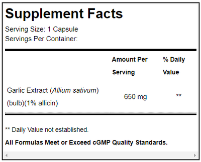 Supplement facts for GarliX™ 90 Capsules listing ingredients including Age Garlic Extract, Allicin, Allium sativum, Garlic extract