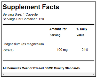 Supplement facts for Magnesium Citrate 120 Capsules listing ingredients including Magnesium citrate