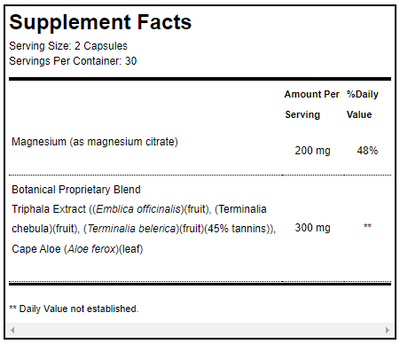 Supplement facts for ColonX™ 60 Capsules listing ingredients including Amla, Chebulic myrobalan (Terminalia chebula), Emblica officinalis, Magnesium citrate
