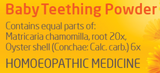 Supplement facts for Baby Teething Powder listing ingredients including Calcium, Calcium Carbonate, Calcium carbonate, Chamomile, Matricaria Recutita